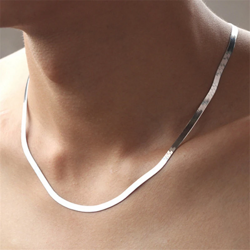 New Fashion Silver Plated Necklace Unisex Flat Snake Link Chain Lobster Clasp Collares Necklaces For Women Men Gifts 2022 | Украшения и