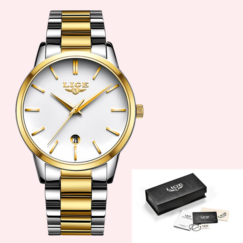 Часы наручные LIGE женские креативные золотистые стальные с браслетом 2019|Женские