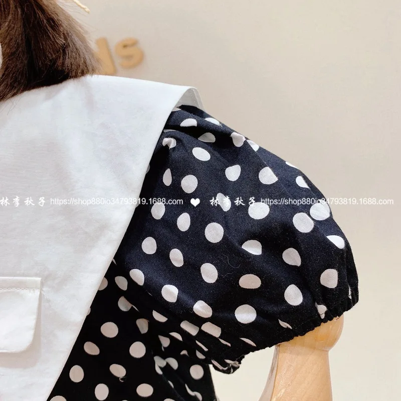 

2021 summer new girl's contrast dress fashion detachable big lapel stitching girl polka dot dress