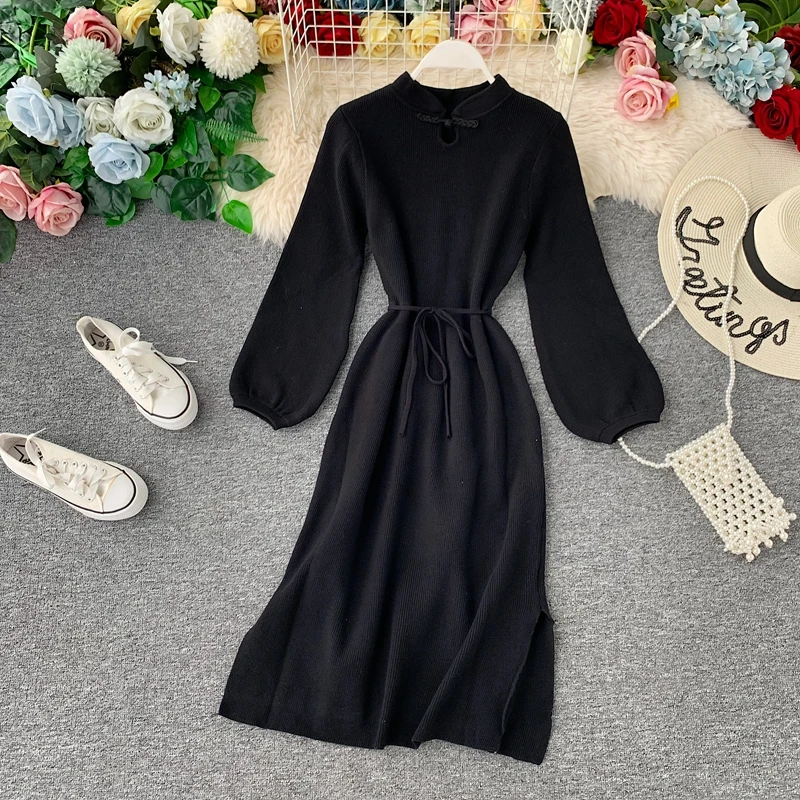 Женское вязаное платье с длинным рукавом повседневное облегающее винтажное