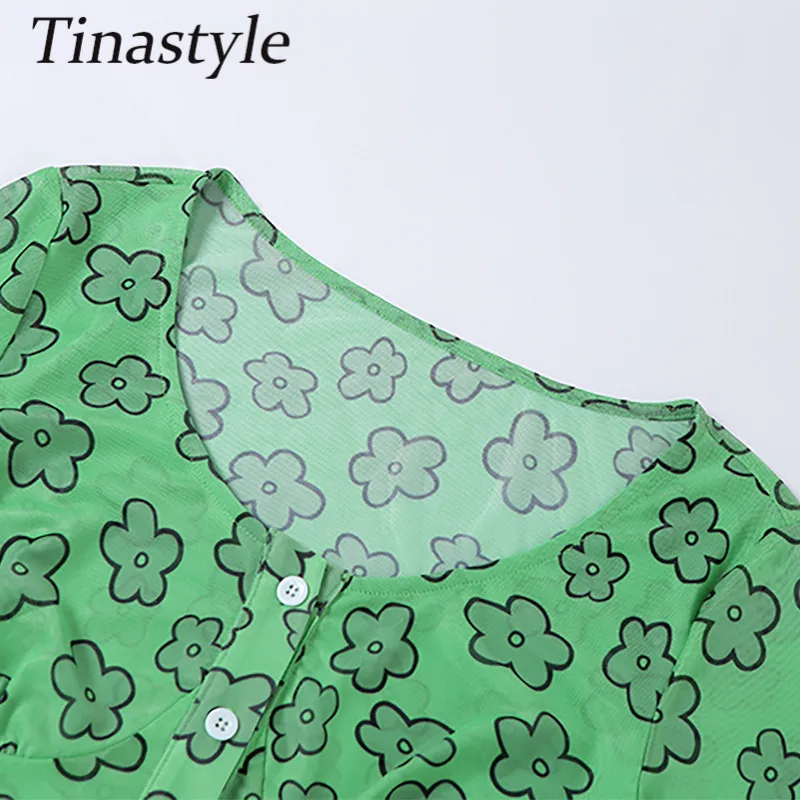 

Tinastyle Green Printted Sexy Blouse Women Shirt 2021 Flare Sleeve Cropped Summer T-Shirt Elegant Buttons Party Club T Shirts