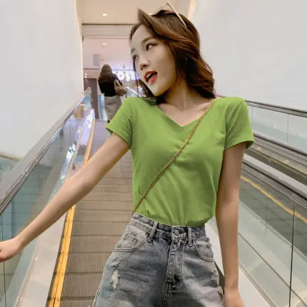 

hanNEW Women's clothes short sleeve women's wear all over the world comfortable V-neck women's clothes solid color leisure