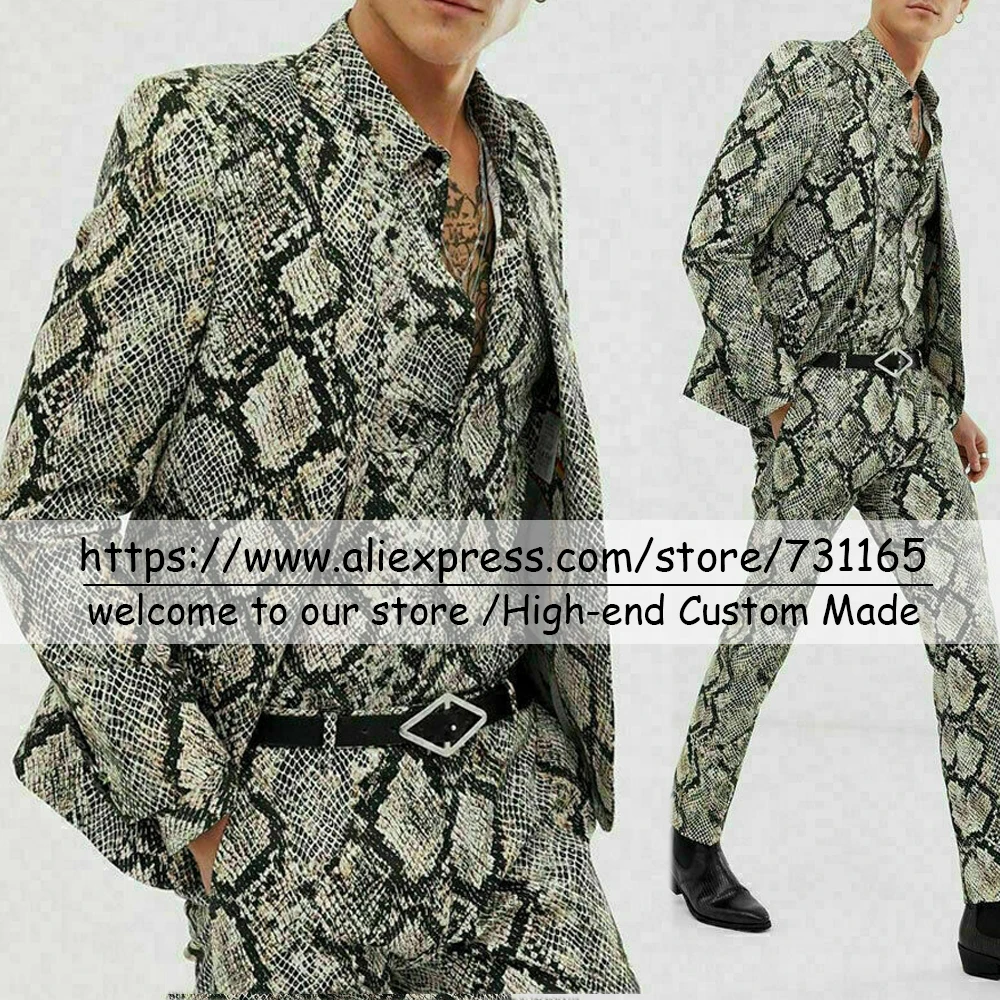 

2021 Spring/Autumn Slim Fit Snake Printed CASUAL Wedding Party Groomsmen Suits Men's Jacket With Pants 2 Pieces Set England Coat