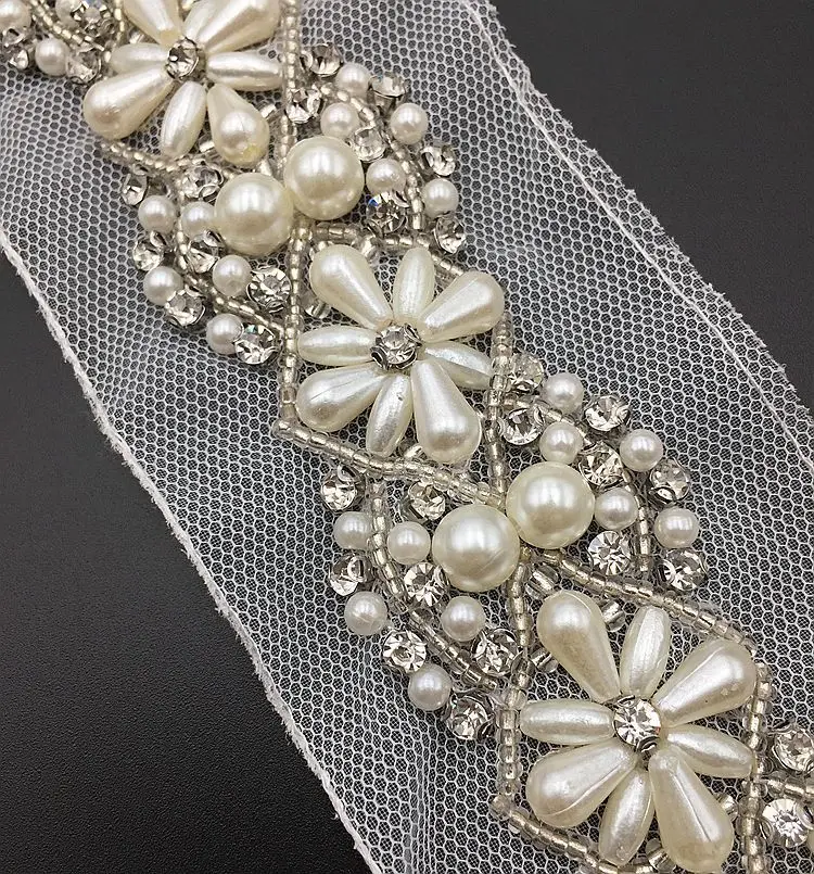 2 ярда Стразы Кристалл платье аппликация жемчуг бисер 3D цветок кружева отделка