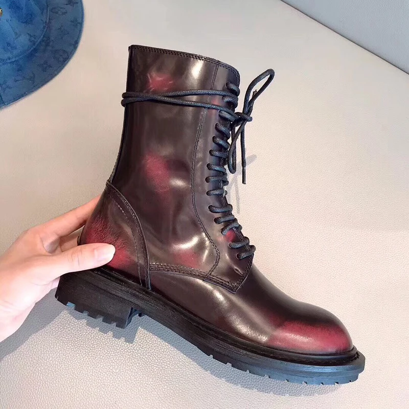 2019 ботильоны из бордовой кожи в стиле ретро ботинки на низком каблуке с круглым