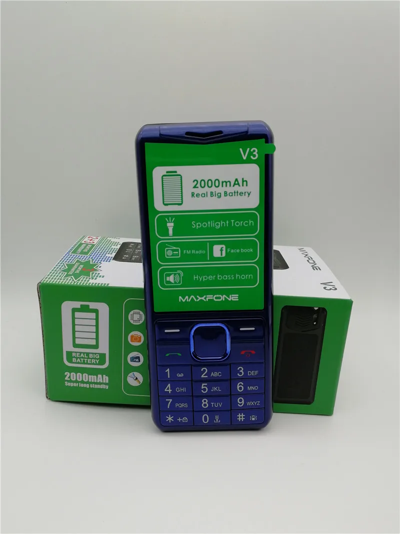 Blue Maxfone V3 кнопочные сотовые телефоны с 1,77 дюймов 2000 мАч две sim-камеры Bluetooth Spotlight большой динамик FM дешевый мобильный телефон - Цвет: Blue