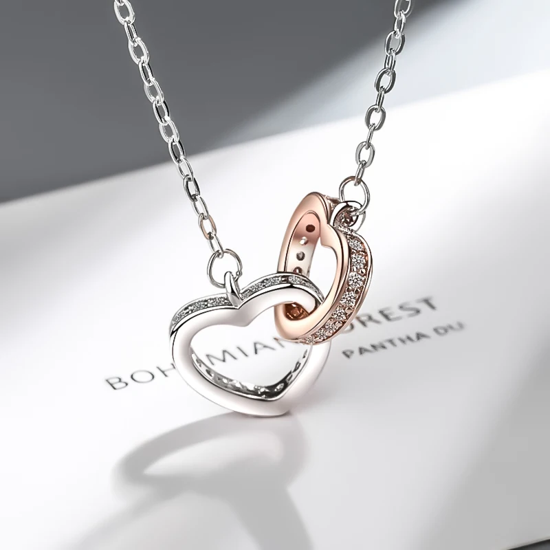 

Cute Zircon Heart Linked To Heart Necklace For Women Fashion Double Heart Pendant With Chain Valentines Day Gift For Lovers