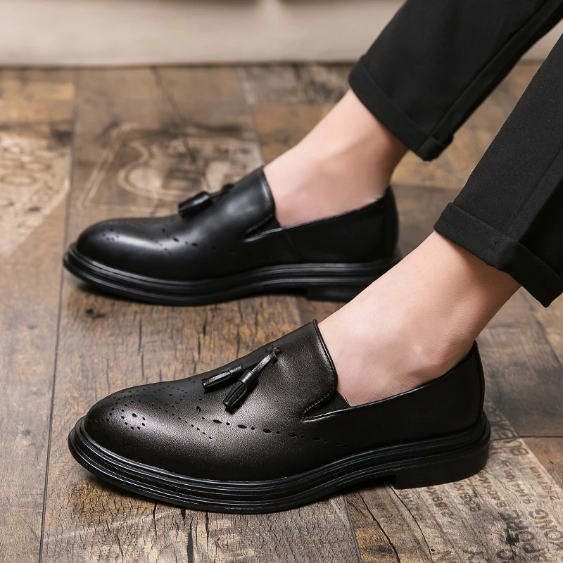 Men Black Dress Loafers Brand Casual Slip on Oxford Male Tassel Gentleman Business Shoes British Style Prom Evening Long Dresses | Обувь