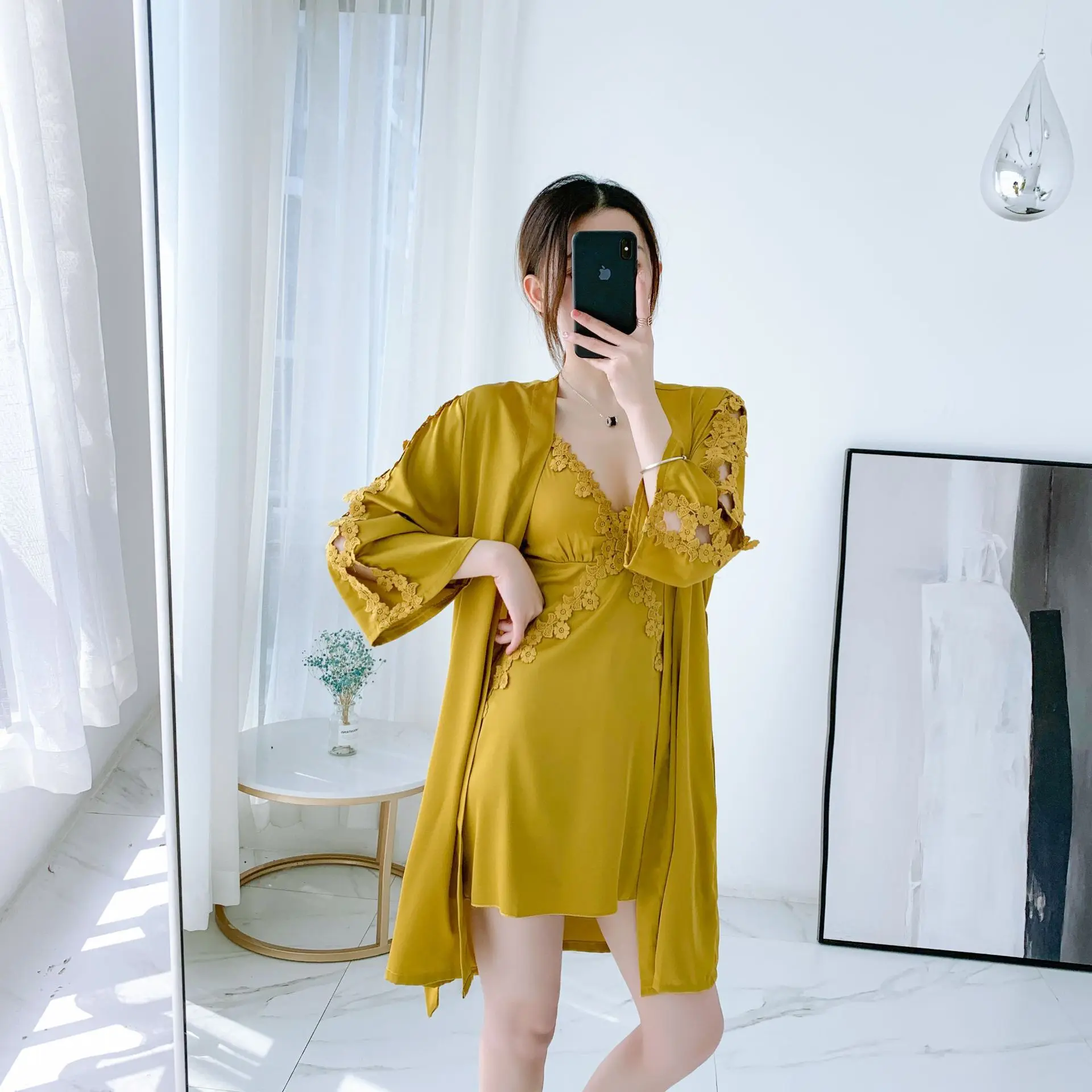 

Silk Pajamas Two-Piece Women's Thin Sexy Dungaree Dress Strap Chest Pad NightgownLeisure Set night robe sleepwear womens robe