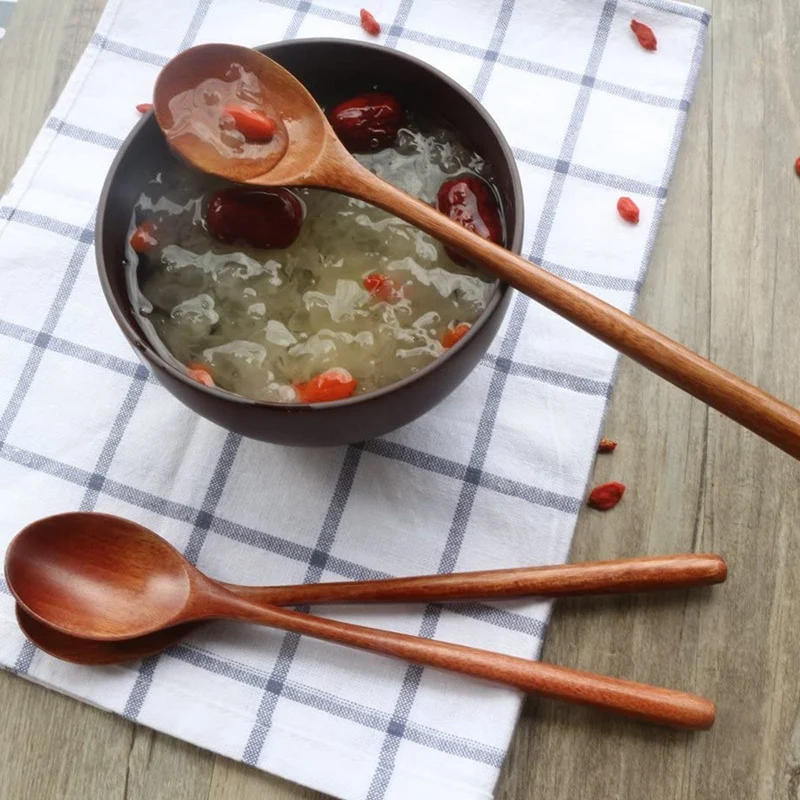 Wooden Spoons 6 Pieces Wood Soup for Eating Mixing Stirring Long Handle Spoon Kitchen Utensil  Дом и