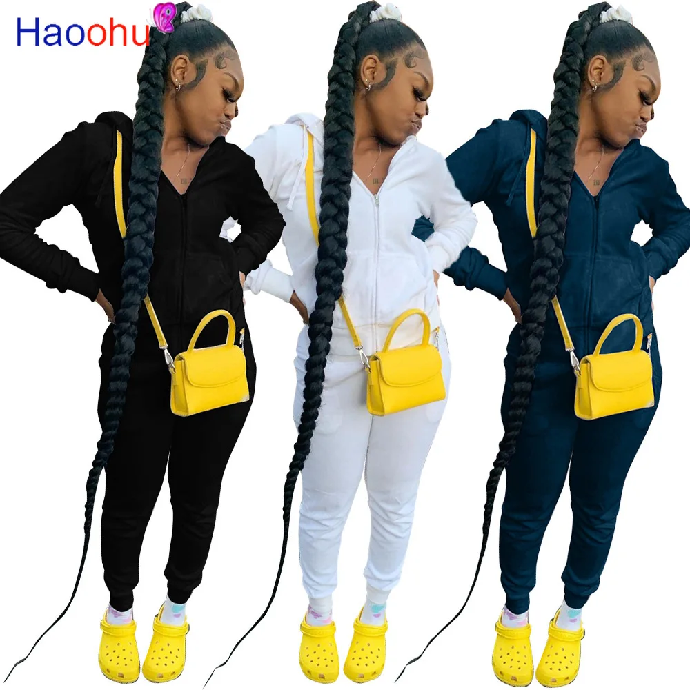 

HAOOHU autumn two piece set women long sleeve hooded zip pocket sporty Jackets+leggings matching sets workout stretchy outfits