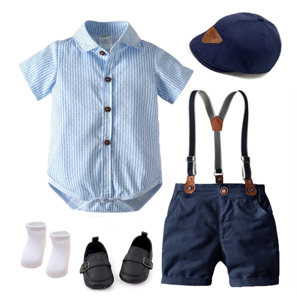Summer Infant Boys Fashion Clothes Baby Gentleman Outfit Striped Jumpsuit Set With 7 Pieces Newborn 1st Birthday Party Dresses