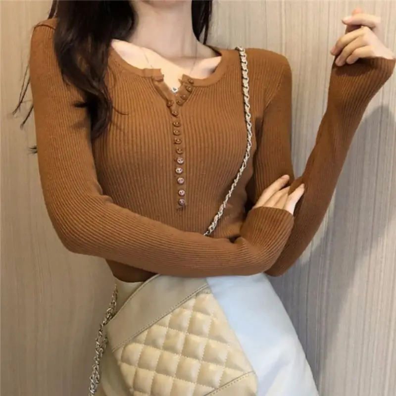 Sweater Women Pullover V-neck Long-sleeved Thin Slim Stretchable Bodycon Knitted Female Autumn Winter Clothing | Женская одежда