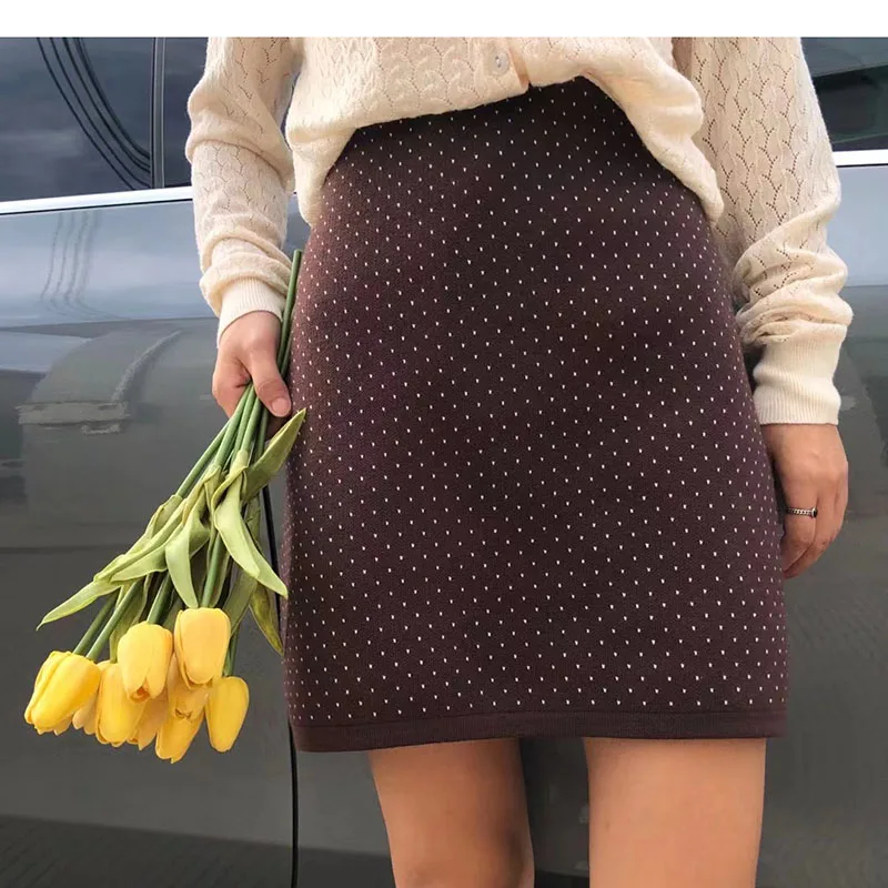 

LJSXLS Knit Short Skirt Woman Autumn Winter Print Polka Dot Skirt High Waist Slim Mini A-line Black Office Skirts Womens 2021