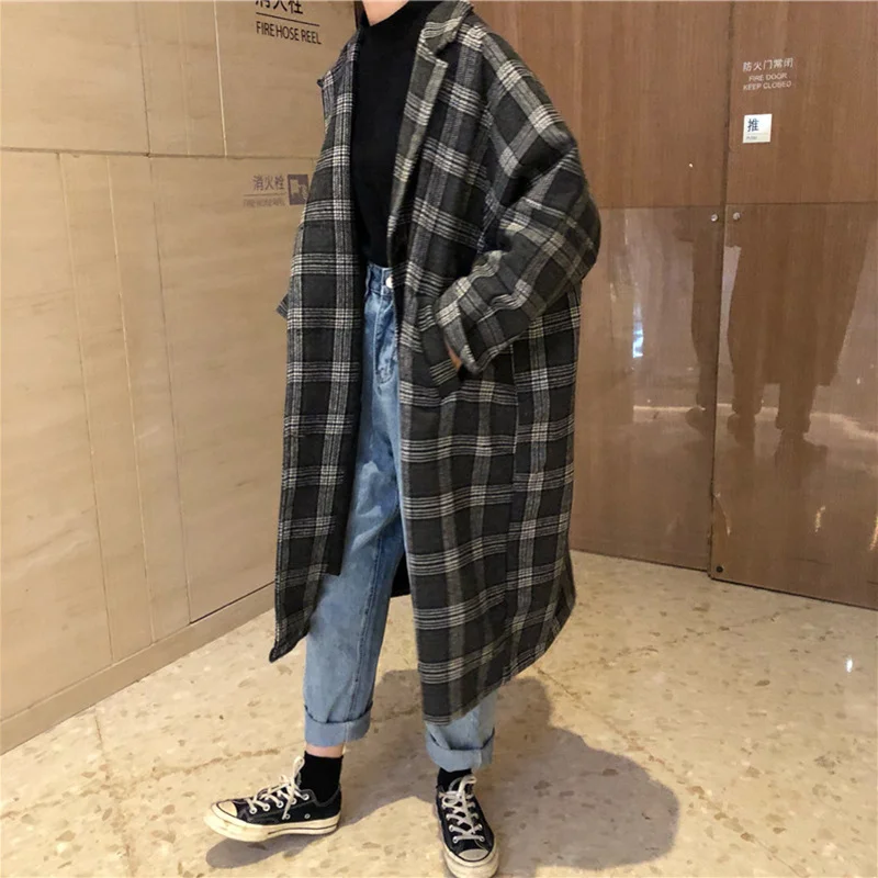 

Blends Women Plaid Long Coat Single Breasted Simple Elegant Loose Ladies Streetwear Womens Woolen Outwear Chic Female Overcoat