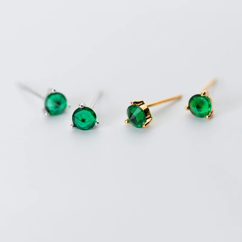 Женские серебряные классические серьги с 3 зубцами зеленые круглые