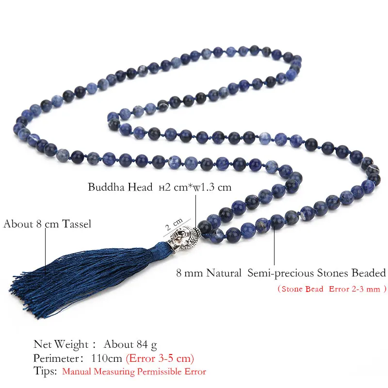 108 Mala Beaded Knotted Semi-Precious Stone Jewelry Meditation Declaration Prayer Big Buddha Head Tassel Pendant Long Necklace | Украшения