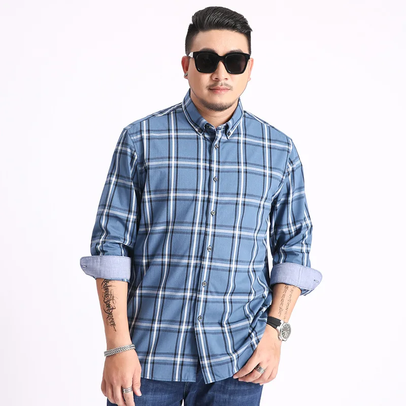 

Large Size Men's Clothing Plus Size Long Sleeve Shirt Business Casual All Match Plaid Loose Fat Guy Shirt Men Shirts