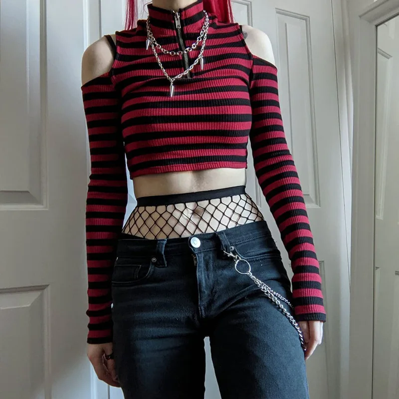 Goth Dark Grunge Striped Mall Gothic Basic T-shirts Punk E-girl Aesthetic Bodycon Casual Crop Tops Long Sleeve Open Shoulder Tee | Женская