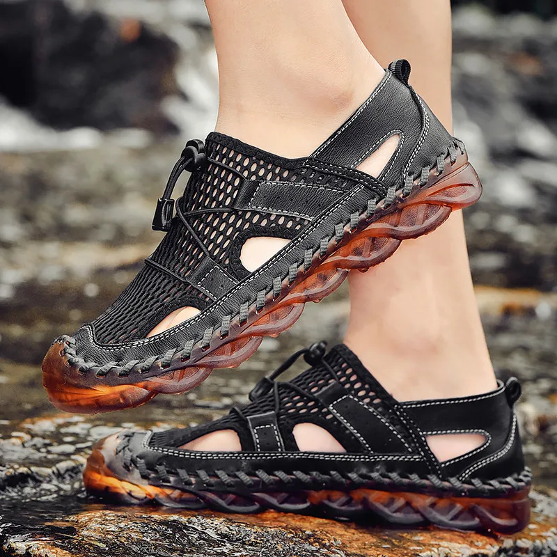 2021 New Summer Men's Handmade Mesh Sandals Classic Black Casual Sandals Men Comfort Soft Anti-skid Hiking Climbing Shoes Men