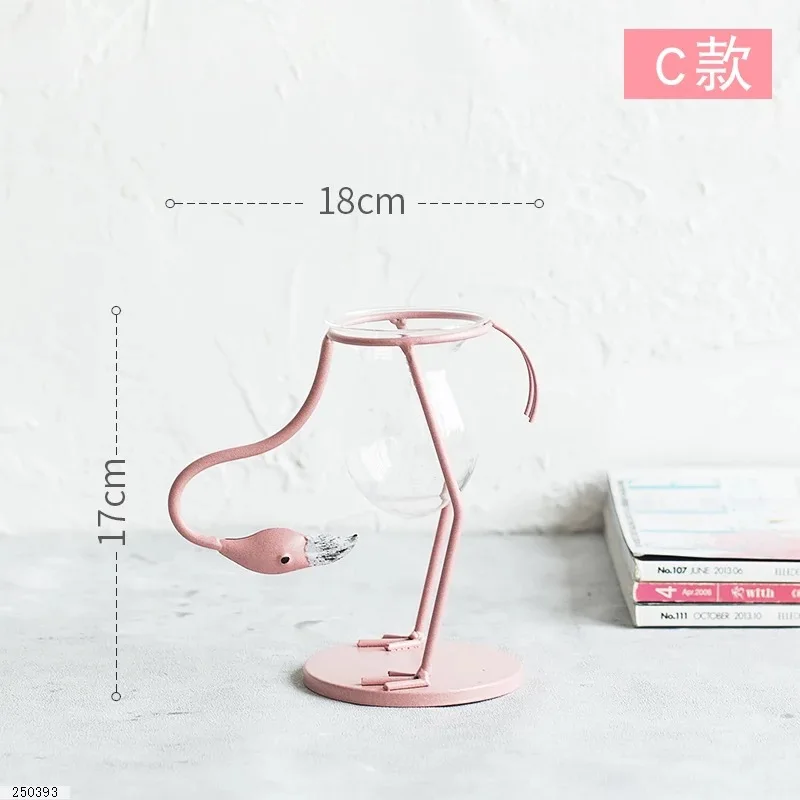 

2021 3 Types Pink Flamingo Shape Glass Tabletop Plant Bonsai Flower Wedding Christmas Decorative Metal Vase Home Decoration