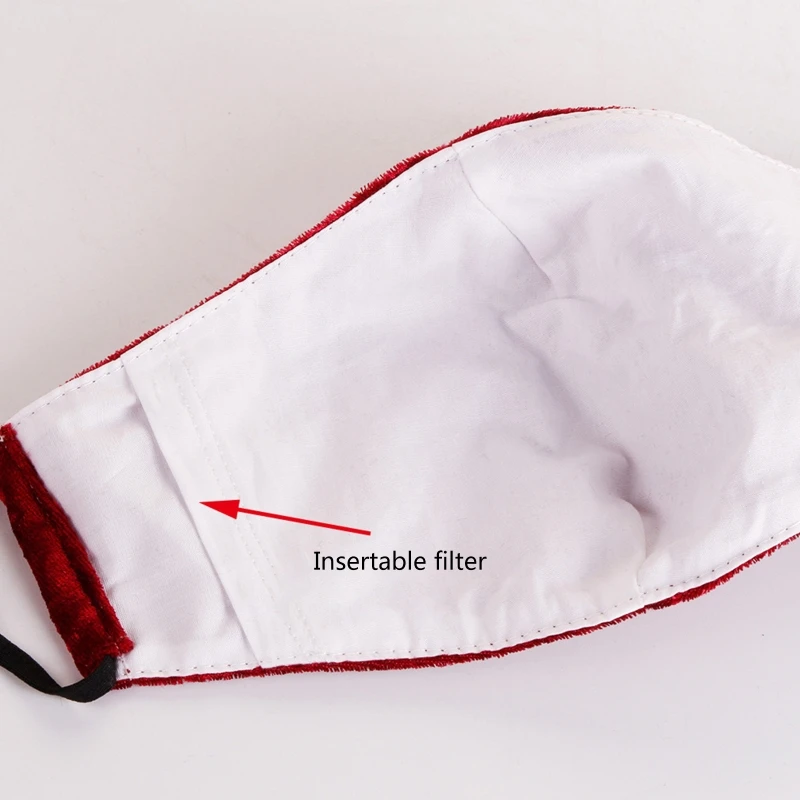 

Women Winter Velvet Dustproof Mouth Mask Faux Pearl Beading Washable Party Jewelry Face Cover Replaceable Filter Pocket