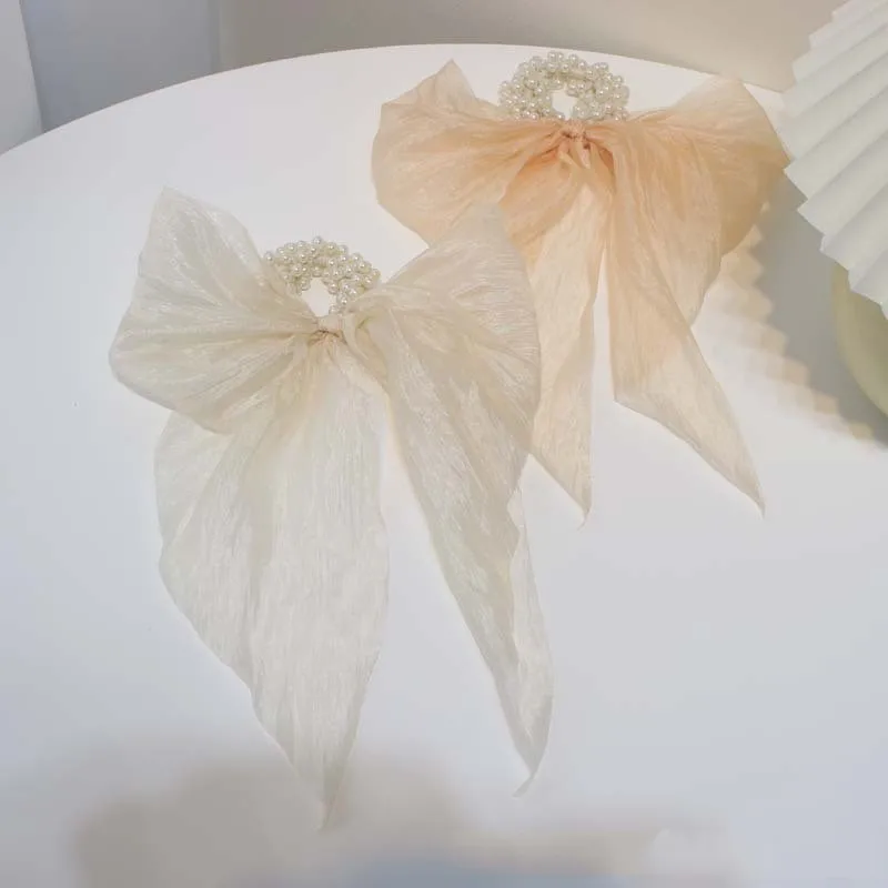 

New Arrivals Women Girls Mesh Imitation Pearls Bowknot Hairbands Elegant Long Ribbon Elastic Hair Bands Fashion Hair Accessories