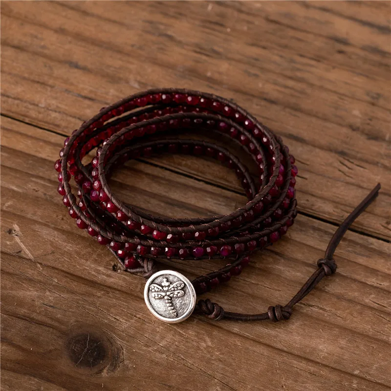 

Handmade Mauve Agate Beaded 5 Wraps Bracelet Boho Natural Stone Beads Bracelet Leather Yoga Jewelry Gift Wholesale Dropshipping
