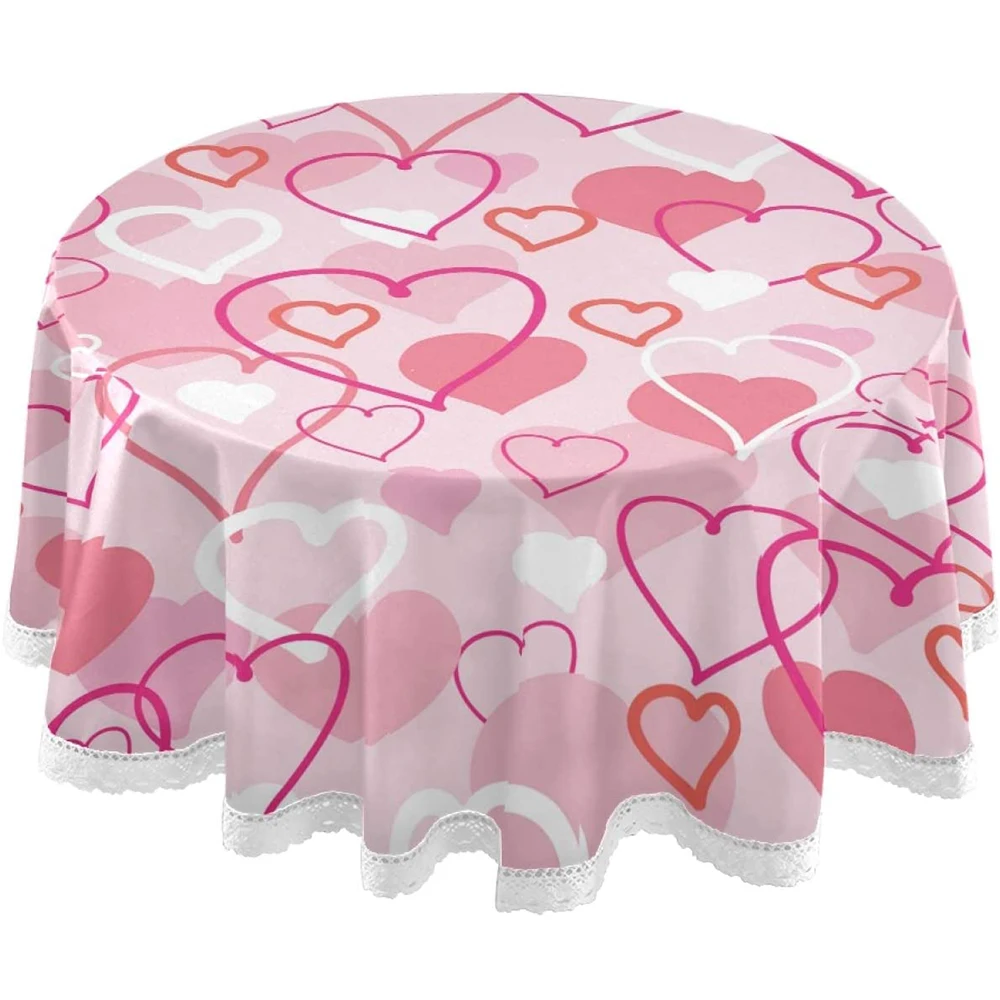 

Round Tablecloth 60 Inch Set Round Table Top Fabric Suitable For Wedding Outdoor Party Picnic Valentine Is Day Pink Heart Shape