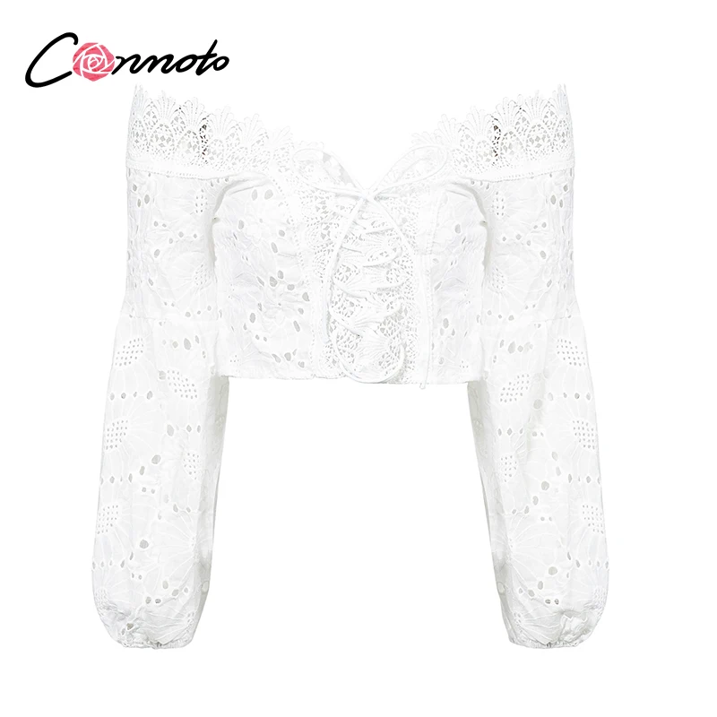 Conmoto Сексуальная белая блузка со шнуровкой 2019 летний пляжный короткий топ с - Фото №1