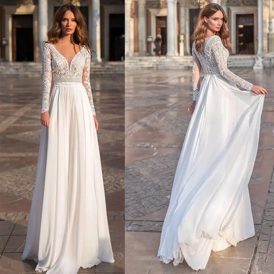 Long Sleeve V-Neck Wedding Dress A-Line Button Chiffon Lace Appliques Elegant Bridal Gown Civil Floor Length Vestidos De Noiva | Свадьбы и