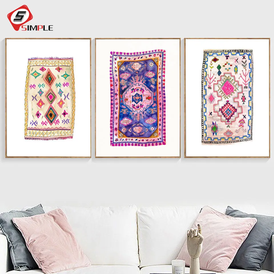 

Vintage Pink Rug Art Prints Boho Wall Decor Eclectic Poster Watercolor Bohemian Canvas Painting Modern Abstract Wall Art Picture