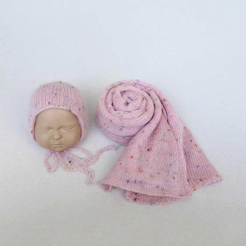 New mohair color dots wrap and knit bonnet newborn photo prop handmade baby sweater hat sets shoot | Детская одежда и обувь