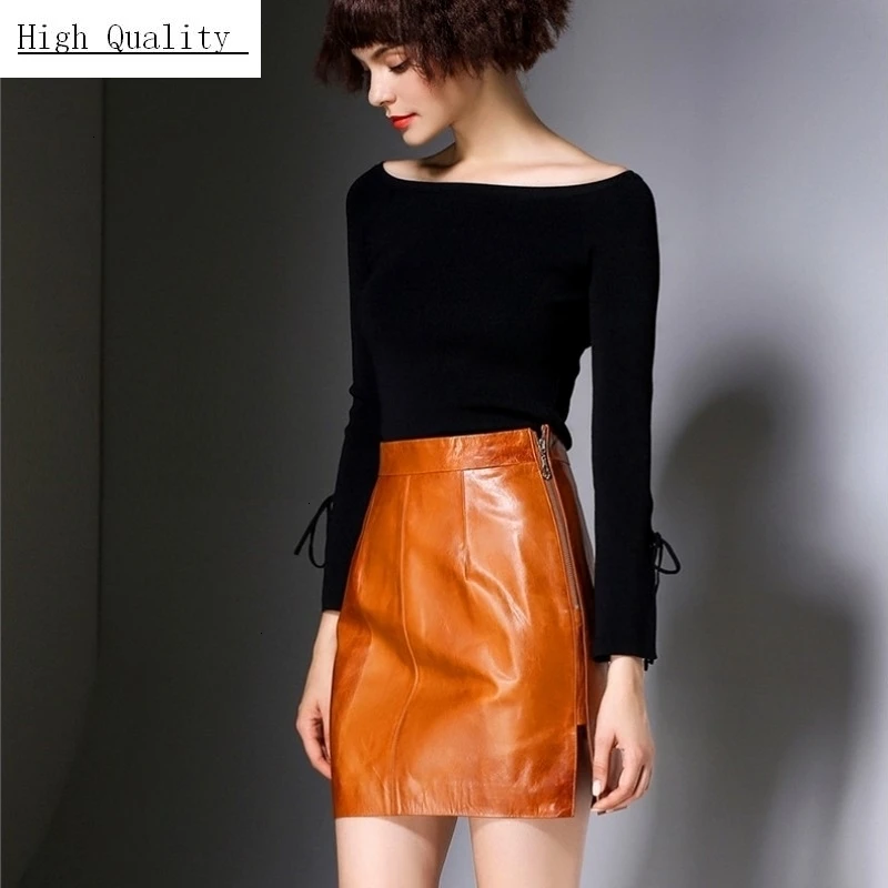 Брендовая женская Роскошная юбка из натуральной кожи тонкая овчины юбки новые