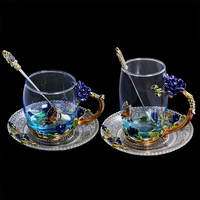 blue rose enamel crystal cup flower tea glass high grade glass water cup flower mug with handgrip perfect gift for lover wedding