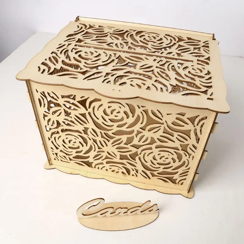 

DIY Wedding Gift Rose Flower Wooden Card Money Box Case With Lock Rustic Beautiful Birthday Party Favors Decoration