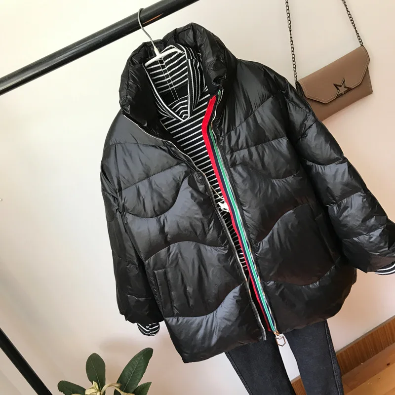 Корейский стиль зимняя легкая куртка женская стоячий воротник белая куртка-пуховик пуховое пальто свободные негабаритные женские теплые парки