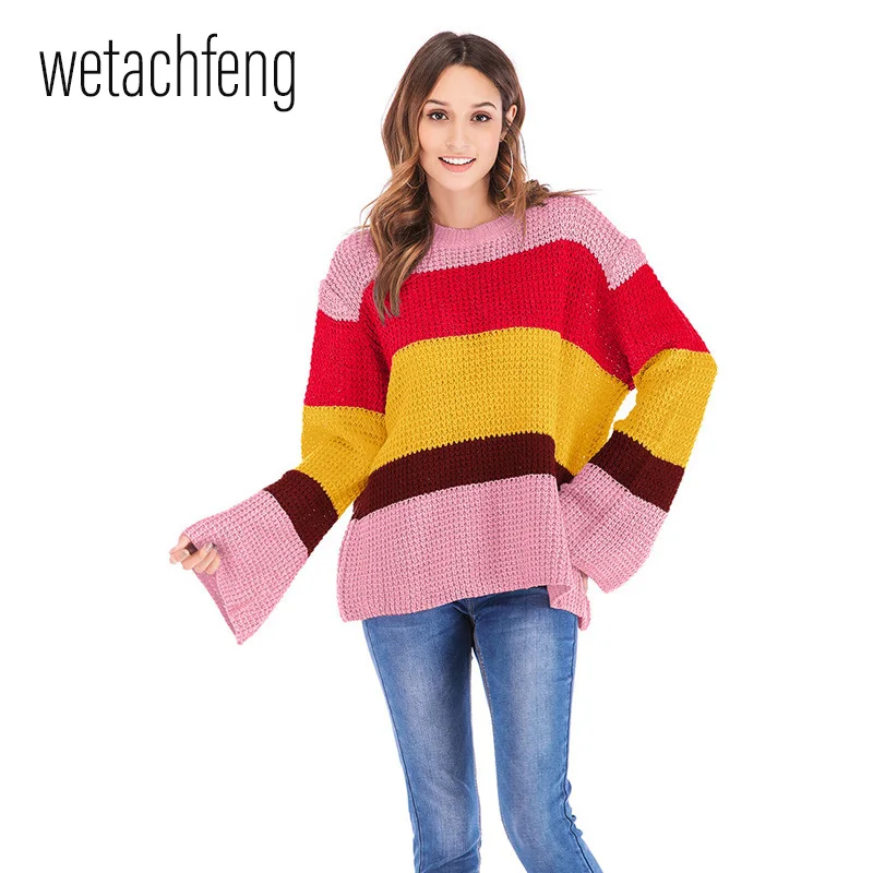 Полный 2019 женский свитер Топ вязаный с круглым вырезом рожок длинный рукав три