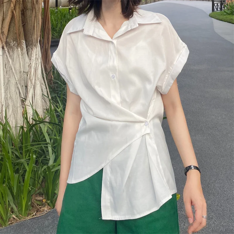 

Реглан с длинными рукавами белая блузка Рубашки для женщин на зиму, большие размеры, 2021 Лето отложной воротник сплошная шикарная асиметричн...