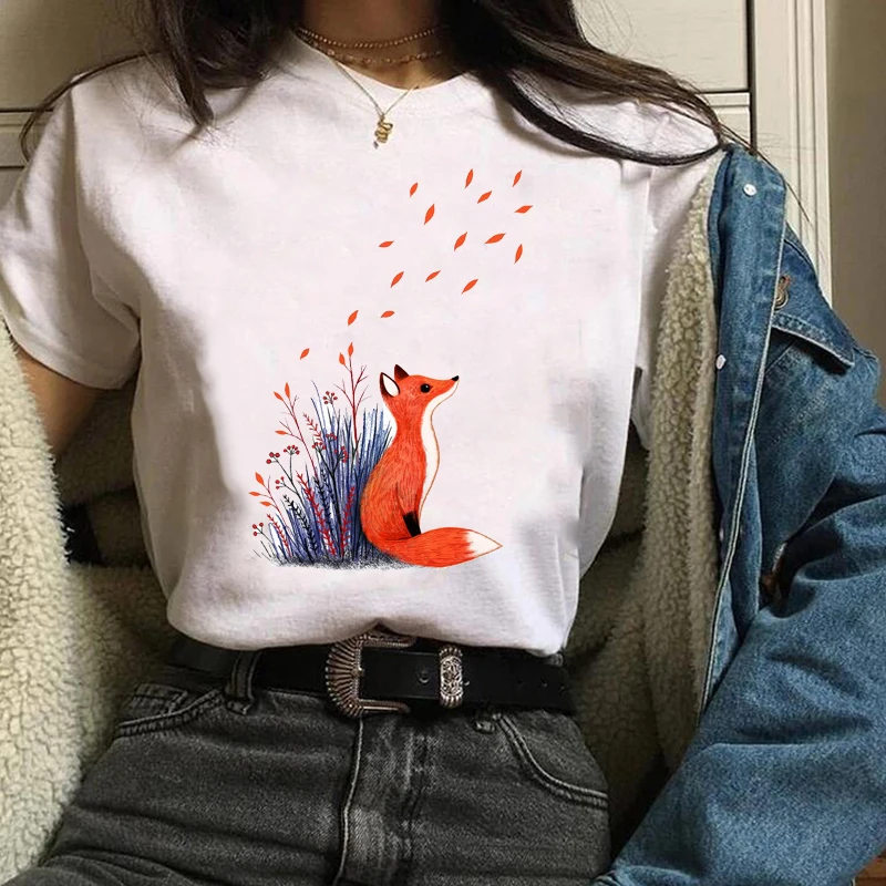 

Cute Cartoon Fox Watercolor Printed Women Top 90s Fashion Loose Clothes Lady Tees Tops Female Short Sleeve T-Shirt