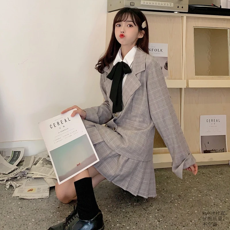 2020 Spring plaid suit double-breasted coat ride white shirt high waist pleated skirt fashion network red set female jk  women