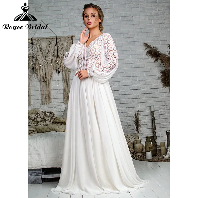 

Robe De Mariée Bohemian Wedding Dress V Neck Lace Bodice Chiffon Long Puff Sleeve Backless Floor-Length Vestido De Novia 2022