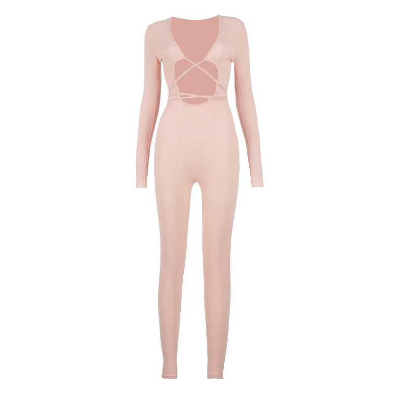 

Women Clothing 2020 Winter Style Solid Color Abdomen Hollow Wrap Waist Lace Up Sexy High Street Lady's Classic Elastic Jumpsuit