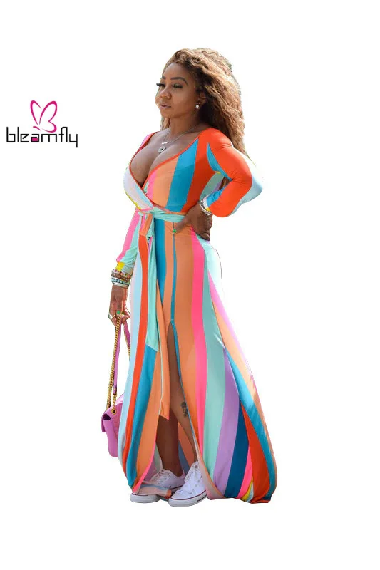 2019 женское осеннее платье макси с v образным вырезом и длинным рукавом в радужную