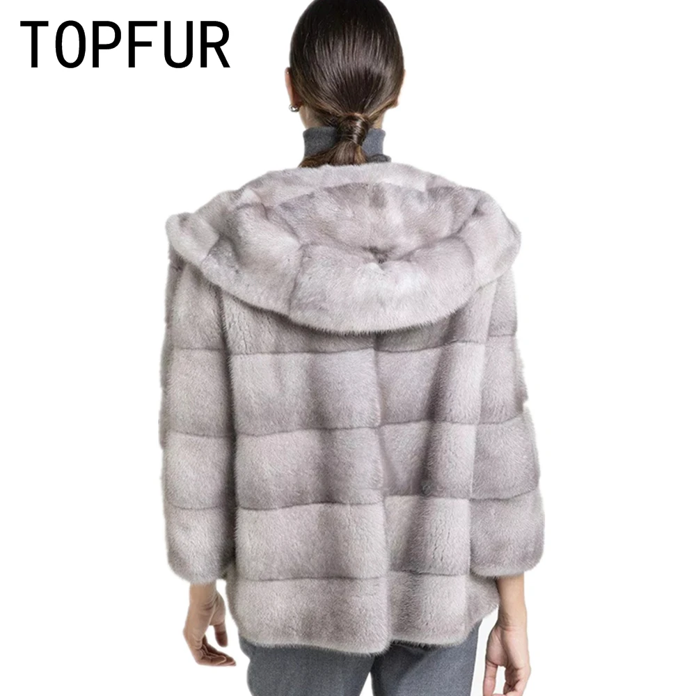 TOPFUR Genuine Leather Jacket With Fur Hooded Winter Coat Women Gray Jacket Women Plus Size Real Fur Women Mink Fur Coat