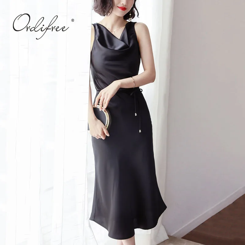 Женское атласвечерние вечернее платье Ordifree, черное шелковое блестящее платье без рукавов с поясом, лето 2022