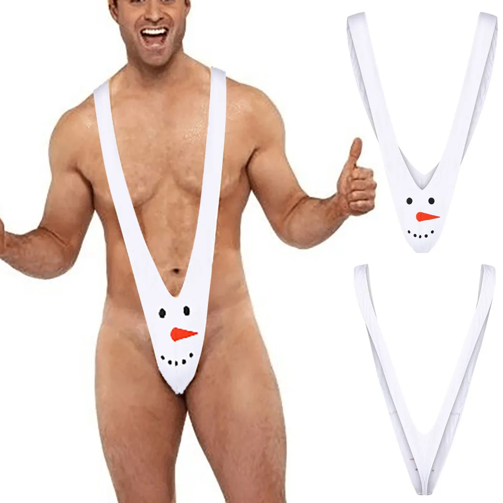 

CLEVER-MENMODE Men Erotic Sexy Strap Underwear Mankini One Piece G String Thong Body Costume Christmas Snowman Bodysuit Lingerie