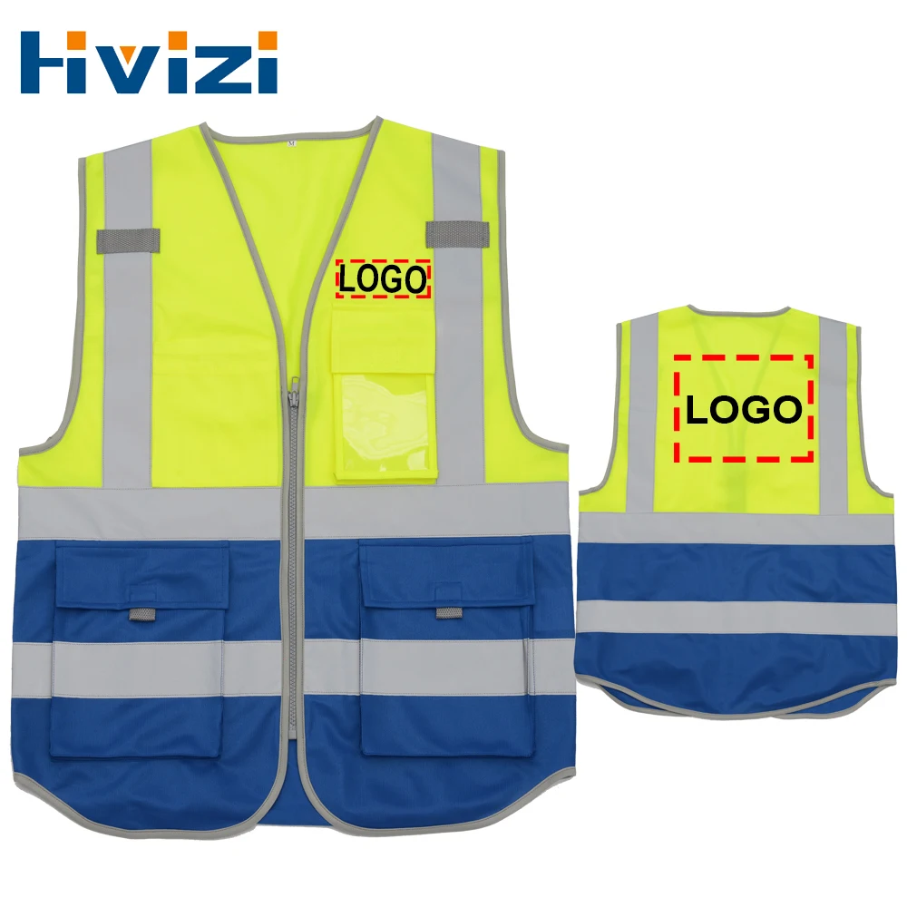 

Двухцветный светоотражающий жилет, класс 2, с передней молнией и карманами для груза, рабочая одежда Hi Vis, куртка с логотипом на заказ
