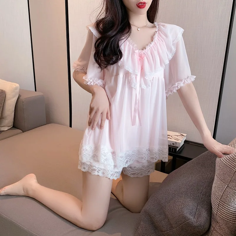 2021 Spring and Summer New Trendy Cute Pajamas Suit with Chest Pad Sexy Lace Stitching Two-piece Outer Wear Home Service