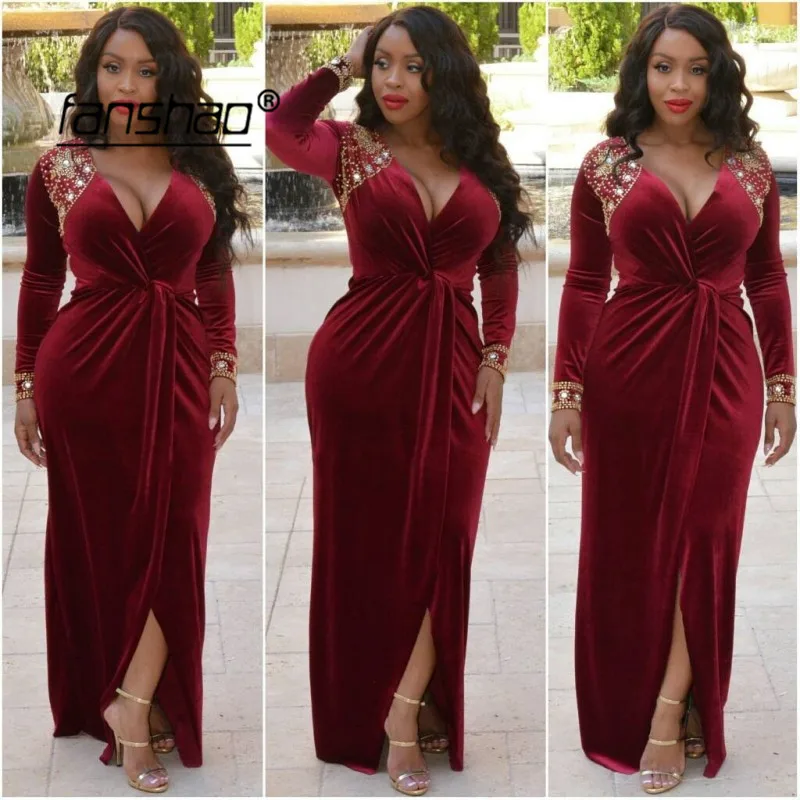 

Velour Evening Dress Long Sleeves Gold Beads Slit robe de soiree Pink Evening Dress Prom Dress abendkleider